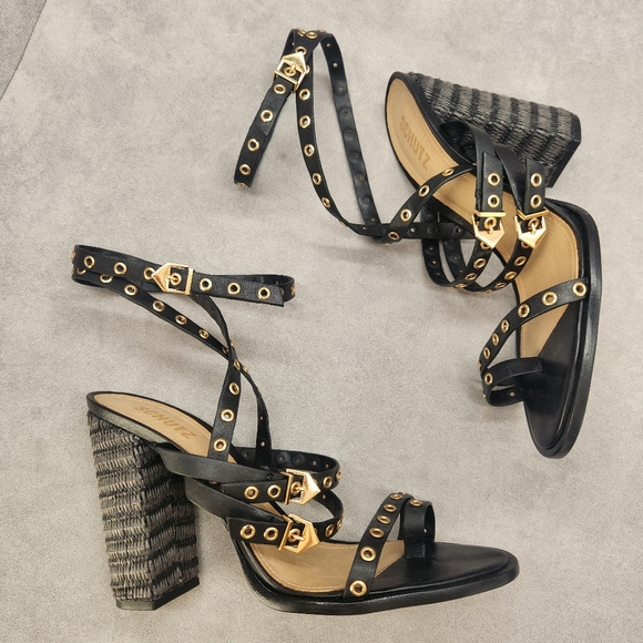 Schutz Heeled Sandals 9.5 Black Leather Annete Grommet Strappy High Ankle Woven - Picture 3 of 14